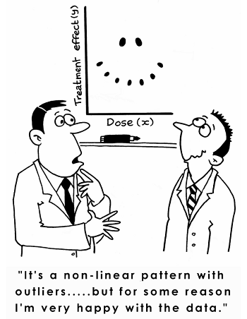 cartoon about outliers, "It's a non-linear pattern with outliers...but for some reason I'm very happy with the data!"