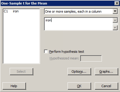 minitab dialog box for 1 sample t