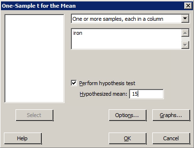 minitab one sample t for the mean dialog box