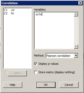 minitab correlation dialog box