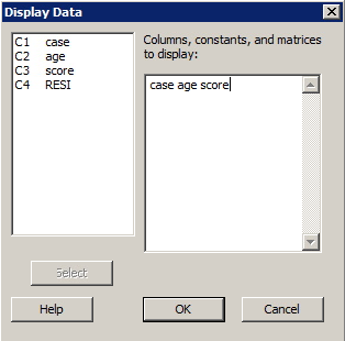 Minitab dialog box for displaying data