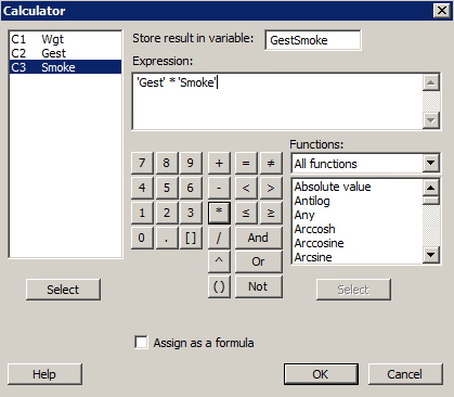 Minitab calculator dialog box