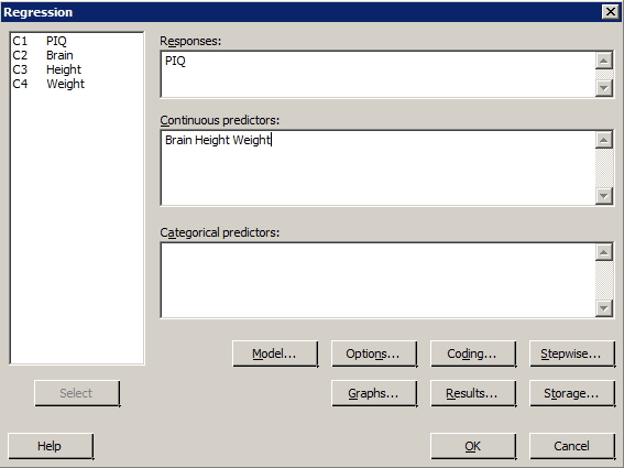 Minitab regression dialog box