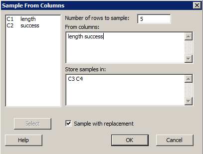 minitab sample from columns dialog box