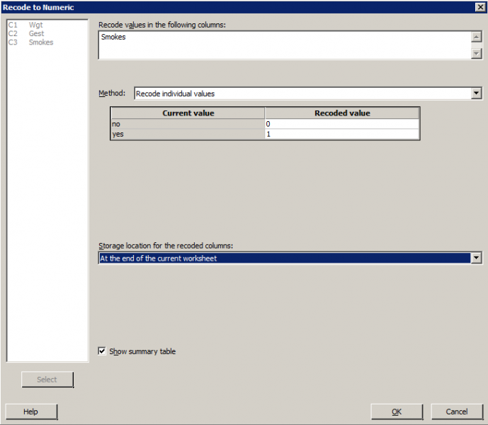 dialog box for coding text to numeric