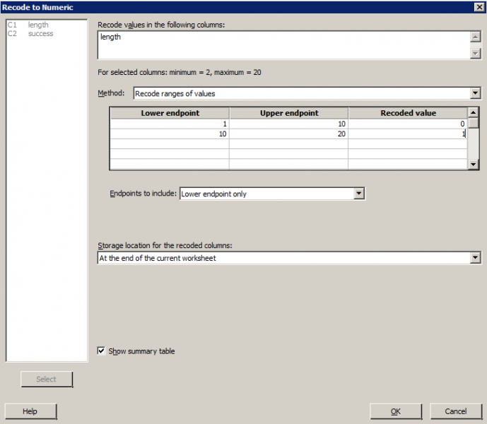 Minitab dialog box for coding numeric data to numeric