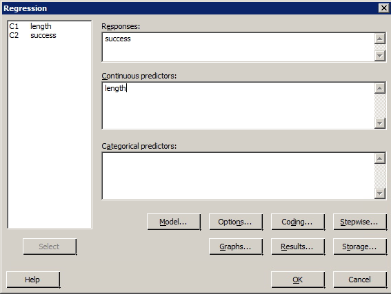 Minitab regression dialog box