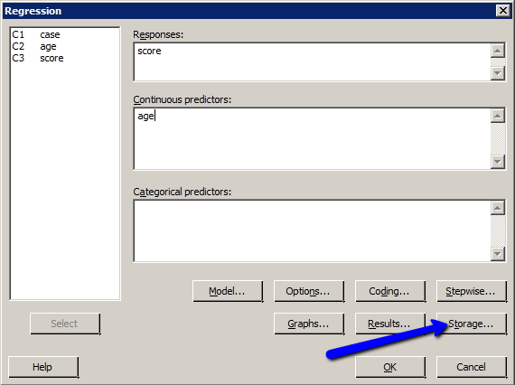 Minitab regression dialog box