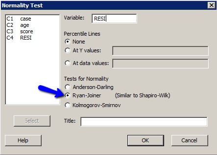 Minitab Normality test dialog box