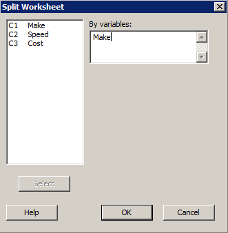 minitab split worksheet dialog box