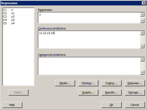 regression dialog box