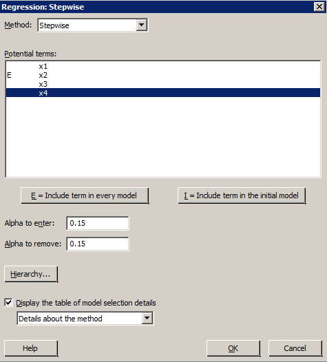 regression stepwise dialog box