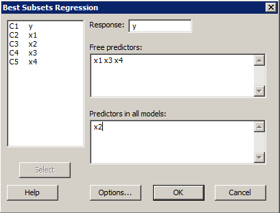 Minitab dialog box for best subsets regression
