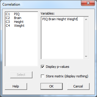 minitab dialog box for correlation