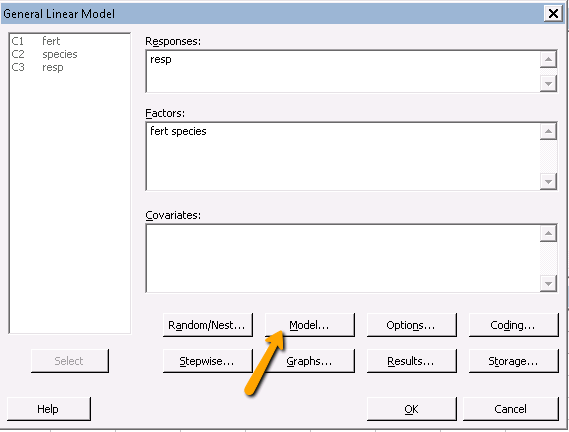 Minitab GLM dialog box