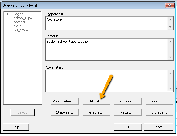 general linear model dialog box in Minitab