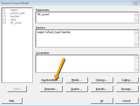 general linear model dialog box in Minitab