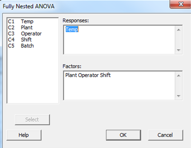 Minitab full nested ANOVA dialog box