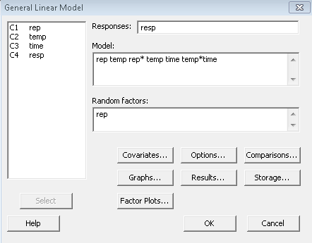 minitab GLM dialog box
