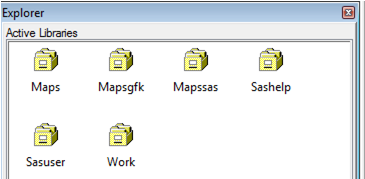 Active libraries window showing icons for maps, sashelp, sasuser, work etc... 