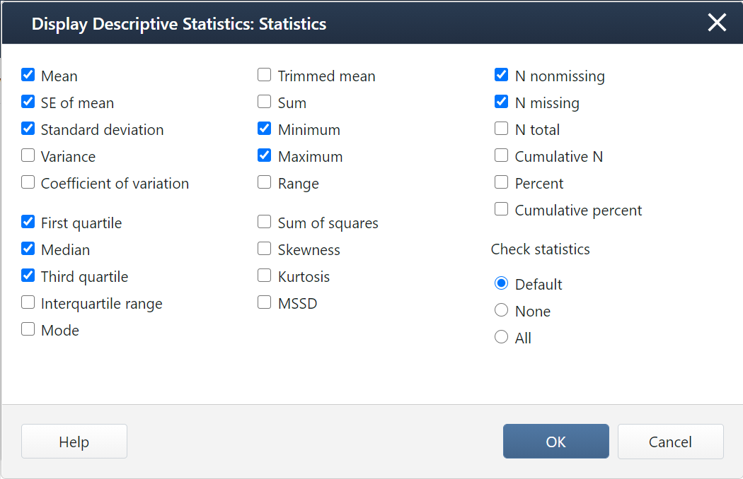 Default descriptive statistics settings in Minitab 20
