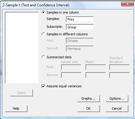 2 Sample T (Test and Confidence Intervals) window with the Samples in One Column option and 'Assume equal variances' selected