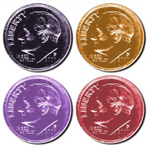 dimes in four different colors