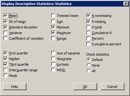 minitab descriptive statistics dialog box