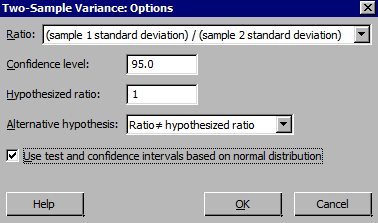 Minitab F-test for 2 variances options box.