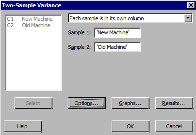 Minitab 2 variance test dialog box.