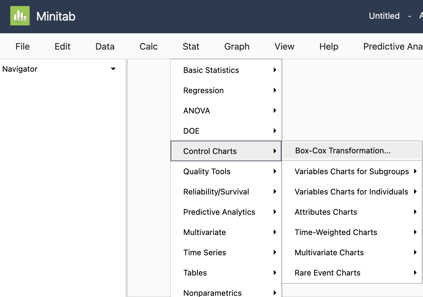 "Minitab menu selection of STAT > Control Charts > Box-Cox Transformation"