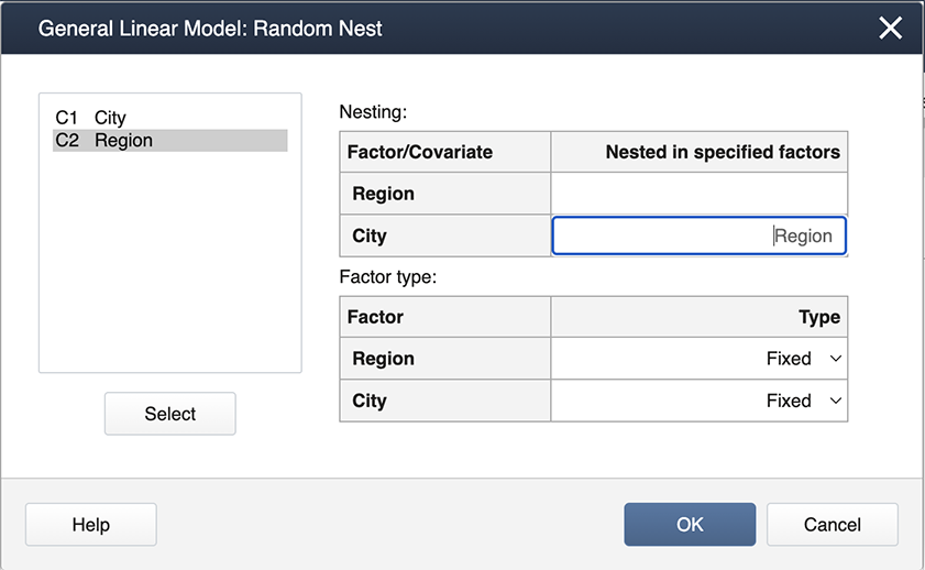 Minitab general linear model: random nest window with C2 Region selected