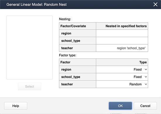 Minitab General Linear Model Random/Nest window for selecting nested terms