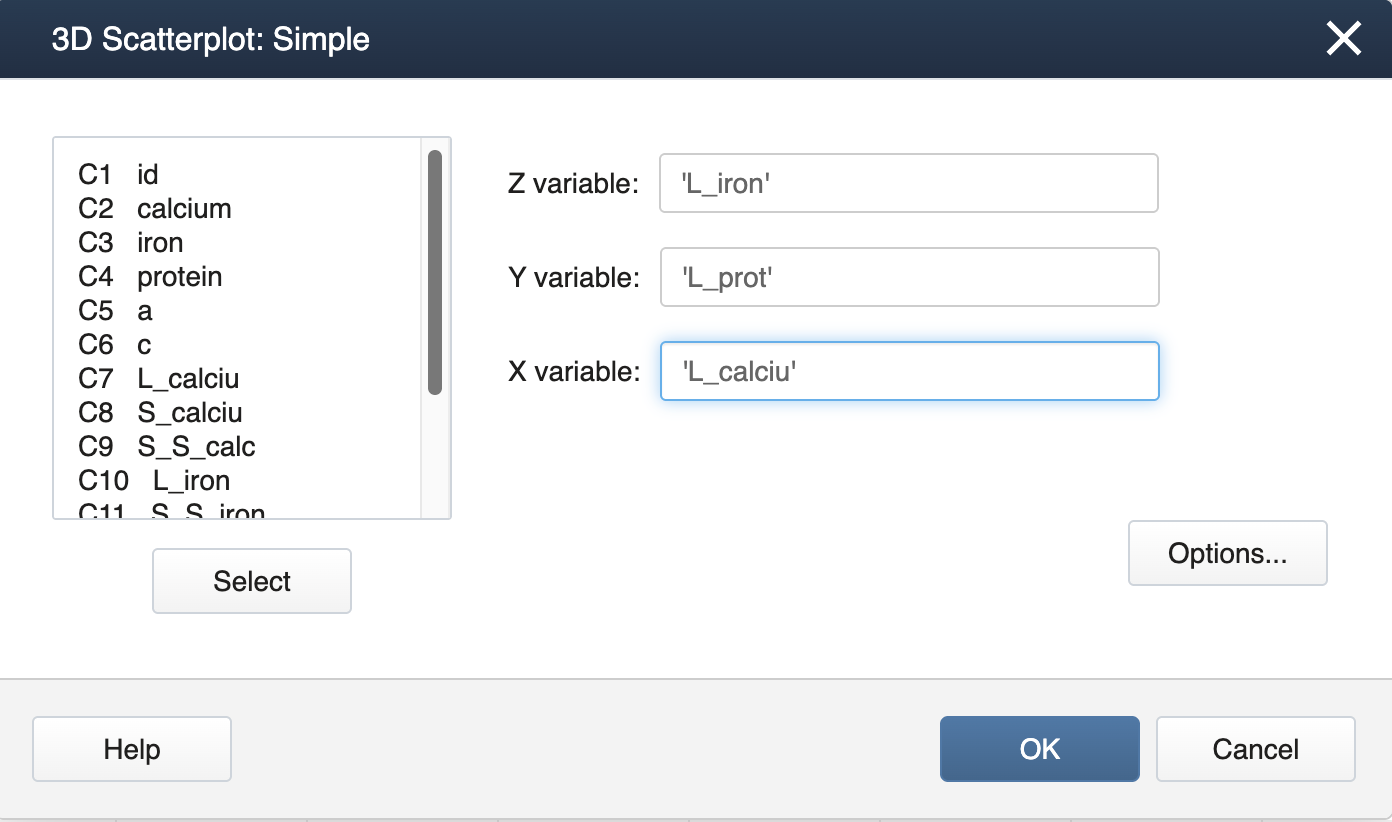 minitab dialog box for the 3d scatter plot