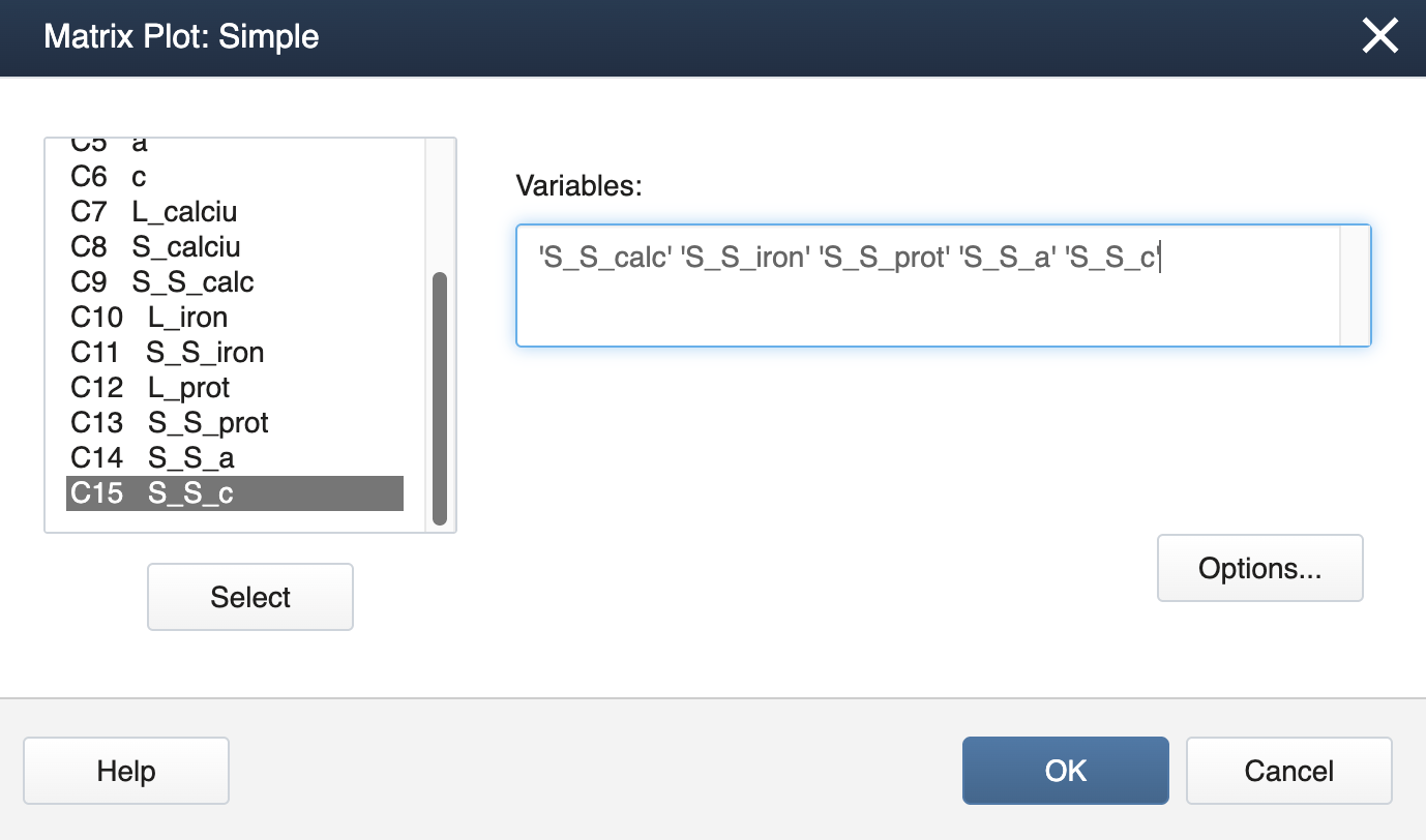 Minitab window for matrix of scatterplots for S_S_calc, S_S_iron, S_S_protein, S_S_a, and S_S_c in Minitab