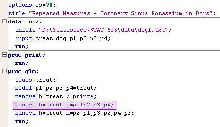 SAS code for dog and highlighting the MANOVA h=treat m=p1+p2+p3+p4 line