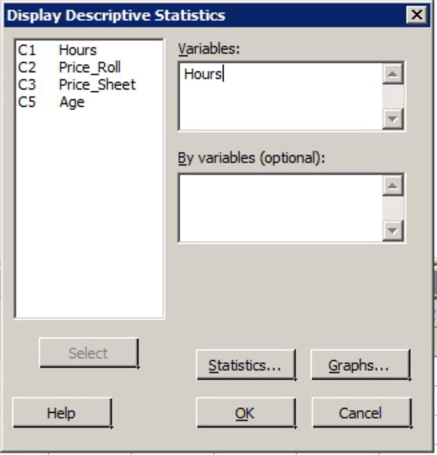 Minitab window for descriptive statistics